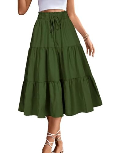 BARASA Women's High Elastic Waist Skirt Casual Summer Fake Drawstring Ruffle Floral Print Knee-high Cute A line Skirts D626 Army Green S
