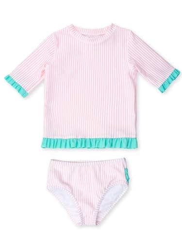 RuffleButts Baby/Toddler Girls UPF50+ Sun Protection Seersucker Short Sleeve Ruffle Rash Guard Bikini - Pink, 3-6m