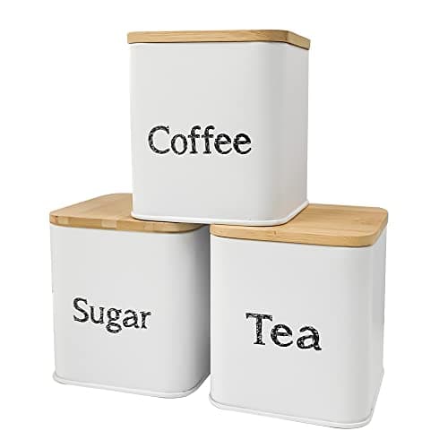 SOTECH 3pcs Coffee Sugar Tea Jar with Bamboo lid Metal Square Kitchen Storage Container Set White