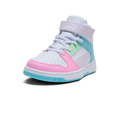 Puma Unisex-Child Rebound Layup Mid Hook and Loop, Puma White-Lilac Frost-Safe Lake, Little Kid 10.5