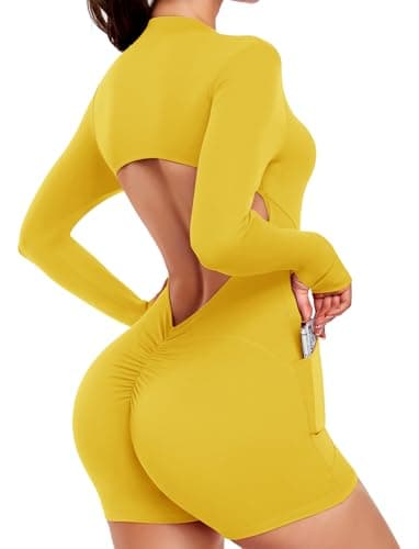 SEASUM Women's Long Sleeve Backless Workout Bodysuit with Side Pockets Stretch Yoga Zip up Romper for Gym Jumpsuits Vivid Yellow XS