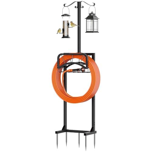 Garden Hose Holder, Upgraded Heavy Duty Freestanding Water Hose Holder Stand with 5 Spikes, Storage Basket & 2 Shepherd Hooks, Supports Up to 160 FT Hose for Yard Lawn