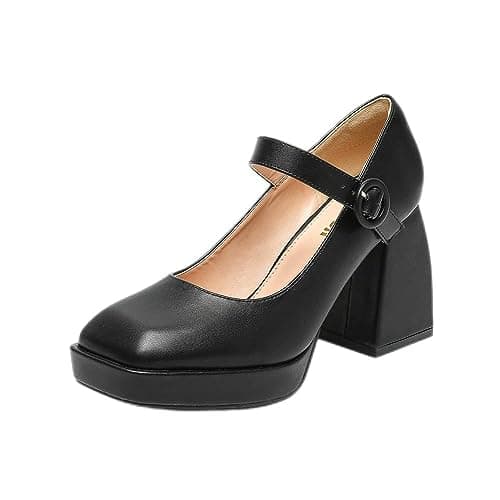 Amoji Women's 4 Inch Platform Mary Janes Shoes Closed Toe Mary Janes Heels Chunky Mary Janes Pumps Block Heels Dressy Shoes 306 Black Size 7 Women