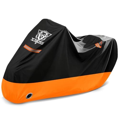 XYZCTEM Motorcycle Cover Waterproof Outdoor All Season Protection Motorcycle Storage Night Reflective Handles with Lock-Holes Storage Bag Fits up to 116" Motorcycle Vehicle Covers, Black&Orange