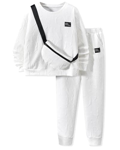 HIHA Size 10 Boys Sweatsuit Clothes Letter Print Long Sleeve Pullover Sweatshirt Jogger Pant Set with Bag Fall Winter Outfit White