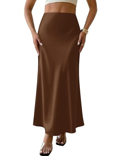 LOMON Women's Satin Maxi Skirt High Waisted Silk A-Line Business Casual Weekend Night Out Party Long Pencil Skirts for Women Brown X-L