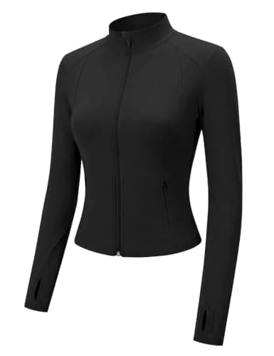 LOMON Workout Tops for Women Cropped Black Jacket Full Zip Gym Clothes