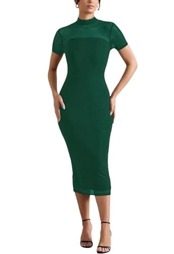 Women's Casual Mesh Elastic Double Layer Mock Neck Short Sleeve Keyhole Back Slit Midi Bodycon Dress Dark Green