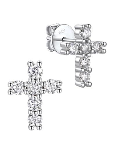 MomentWish Moissanite Cross Earrings for Men Women - S925 Sterling Silver Cross Stud Eearrings D Color VVS1 Clarity Diamond,Moissanite Stud Earrings Crucifix Jewelry Gift
