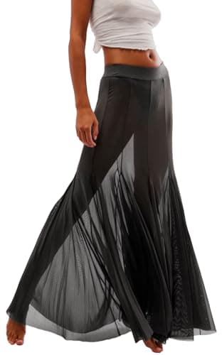 QuQiBoCai Black Skirt for Women See Through 2025 Summer Trendy Ruffle Pleated Mesh Sheer Flowy Boho Trendy Long Gauze Skirts