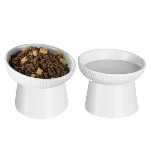 Ceramic Elevated Cat Bowls-Water Bowl, 15° Tilted Design, Anti-Vomiting & Spine Protection, Prevent Whisker Fatigue for Kittens to Adult Cats and Small Dogs (White-15° Cat Bowls-2)