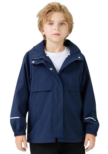 EIGIOO Boys Girls Waterproof Hooded Jackets Lightweight Soft Lining Kids Windbreaker Rain Coats 8-9 Years Navy