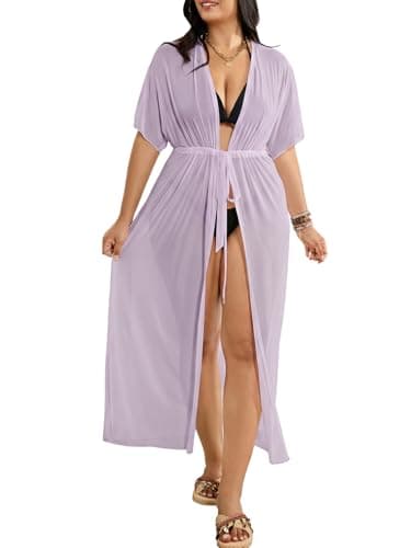 OYOANGLE Women's Plus Size Short Sleeve Beach Kimono Drawstring Waist