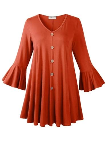 LARACE 3/4 Length Sleeve Plus Size Tops for Women，Women's Tunic Tops to Wear with Leggings,V-Neck T-Shirts Loose Fit Fall Clothes(DarkOrange 4X)
