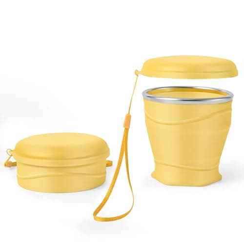 Bidponds 8.8oz/260ml Collapsible Silicone Cup with Lid,BPA-Free,304 Stainless Steel Rim,Portable Cup for Travel,Camping, Hiking,Outdoor Sports (Yellow)
