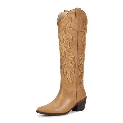 wetkiss Retro Embroidered Cowgirl Boots for Women, Tan Brown, Size 6.5