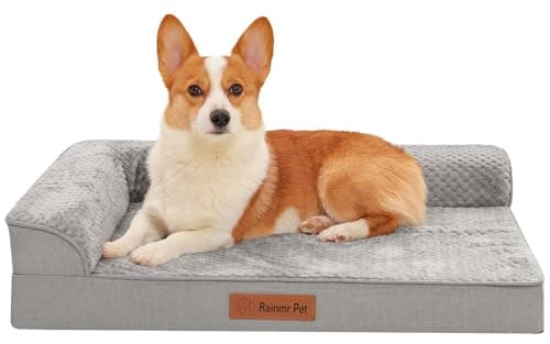 Rainmr Memory Foam Orthopedic Dog Bed, Washable Dog Couch with Removable Waterproof Cover and Nonskid Bottom for Pet Sofa, 35x23 Inches, Light Grey