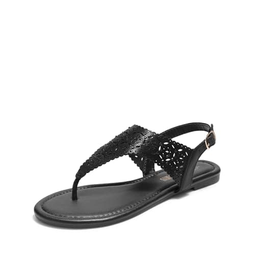 DREAM PAIRS Women's Rhinestone Casual Wear Cute Gladiator Flat Sandals Beach Dressy T-Strap Thong Sandals,Size 5.5,All Black,MEDINIE