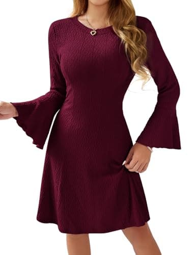 HomRain Womens Long Sleeve Dress Short Crewneck Knit Ribbed A Line Pullover Sweater Dress Bell Sleeve Wedding Guest Dress Formal Church Business Work Clothes Sweater-Burgundy S