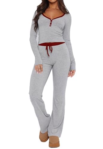 Dressmine Women's Two Piece Cute Y2K Lounge Sets Sexy V Neck Fall Pajamas Set Casual Long Sleeve Pj Sets Grey Small