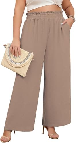 Lastshe Women's Plus Size Business Casual Pants High Waisted Fashion Lounge Dress Pants Straight Wide Leg Long Trousers with Pockets,Wheat,1X