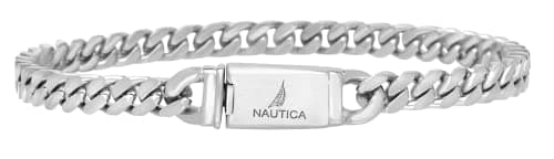 Nautica Curb Link Chain Stainless Steel Bracelet for Men 5 mm Wide ID Bar Clasp Sailboat Logo 9 Inches Long