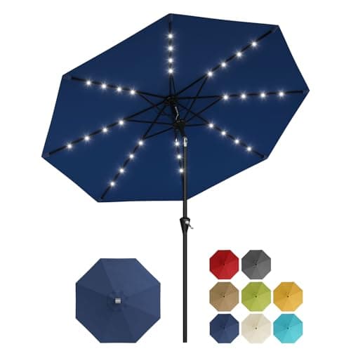 Garvee 9FT Solar Patio Umbrella with 32 LED Lights - Outdoor Table Umbrella with Crank Lift, Push Button Tilt and 8 Sturdy Ribs - Market Umbrella UV Protection for Pool, Deck, Yard, Garden -Navy Blue