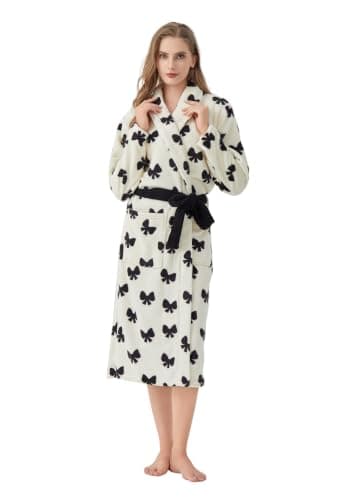 HYGLuosie Women's Lightweight Plush Long Fuzzy Bathrobe with Pockets, Soft Fleece LoungewearHYGLuosie(BOW,S)