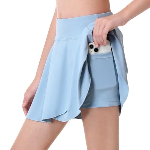 BELEROY Athletic Skorts for Girls Tennis Golf Skirts with Shorts and Pockets Flowy Workout Golf Running Skirts (Light Blue,M)