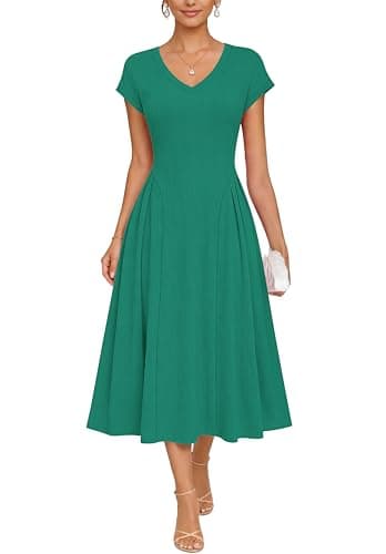 WNEEDU Women Cap Sleeve Waffle Knit Midi Swing Summer Dress,Dark Green,M