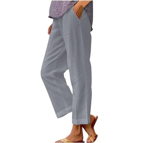 Womens Cotton Linen Blend Pants Summer Casual Cropped Straight Leg Capris Lightweight Ankle Length Trousers Pockets Loose Fit Breezy Boho Petite Plus Size Gauze Wide Leg 2026 A-2-Grey XX-Large