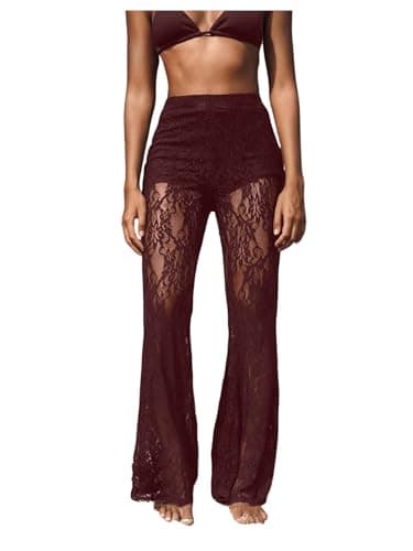 RoseSeek Women's Floral Lace Sheer Mesh Flare Pants Elastic High Waisted Long Trousers Redwood X-Small
