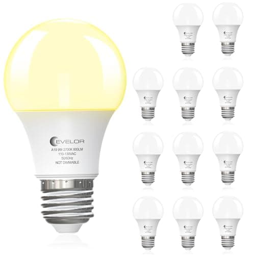 evelor A19 LED Light Bulbs, 60 Watt Equivalent, Soft White 2700K with E26 Base, Efficient 9W, 800 Lumens, Non-Dimmable, Warm White, 15000 Hours, Ideal for Bedroom Living Room, 12-Packs