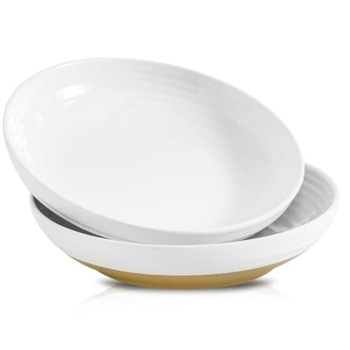 HASENSE Ceramic Pasta Bowls, 32 Ounce Serving Bowls for Kitchen, 8.7 Inch Two-Tone Glazed White Bowls Set for Furit, Salad, Pasta - Shallow Soup Bowls Set of 2, Dishwasher & Microwave Safe