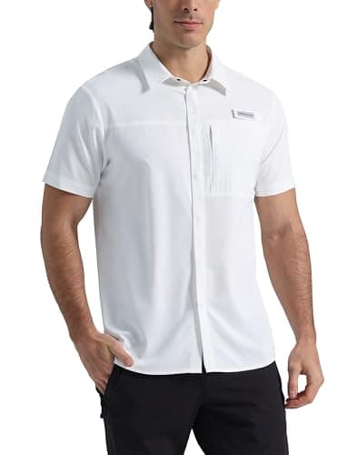Pioneer Camp Men Fishing Shirts with Zipper Pocket UPF 50+ Lightweight Casual Short Sleeve Button Down Shirts for Men Hiking White