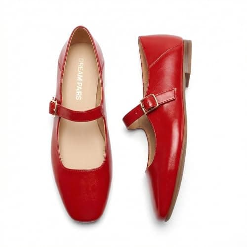 DREAM PAIRS Women's Flats Square Toe Mary Jane Flats Comfortable Casual Dress Shoes Ballet Flats with Buckle Strap Casual Work Office Mary Jane Shoes,Size 7.5,Red,DWUMFA2520