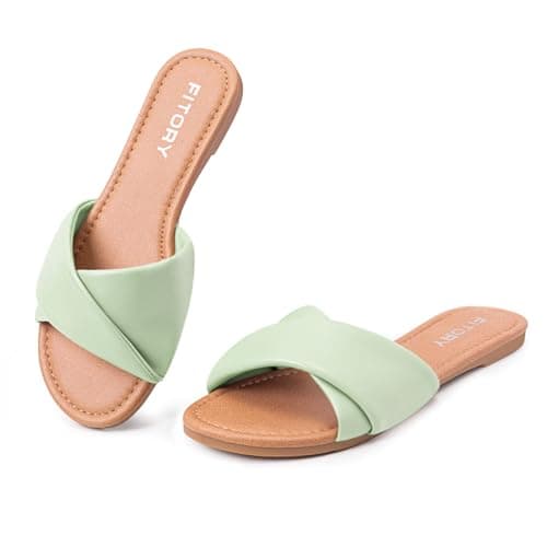 FITORY Women's Flat Sandals Fashion Slides With Soft Leather Slippers for Summer Green Size 11