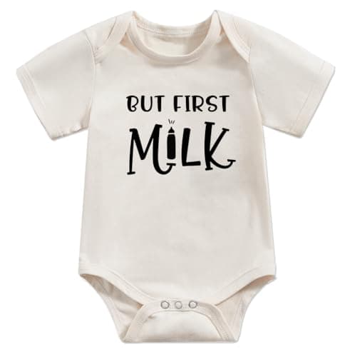 Baby Onesie Infant Bodysuits Newborn Short Sleeve Jumpsuits Funny Letter 3D Printed But First Milk Baby Shower Boho Clothes Round Neck Rompers Pregnancy Announcement 0-3M