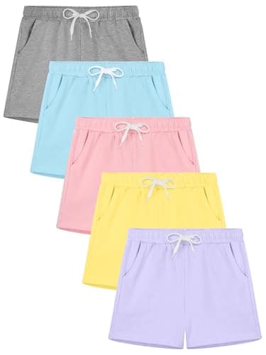 Poroka 5 Pack Girls Athletic Shorts Active Performance Shorts Kids Summer Sports Running Yoga Short with Drawstring E