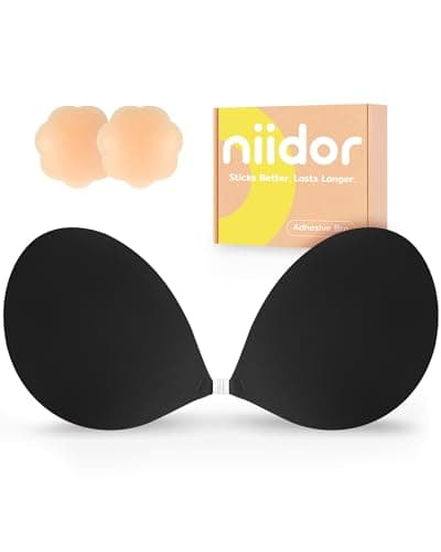 Niidor Adhesive Bra Invisible Silicone Reusable Sticky Bra Strapless Backless Adhesive Bra for Women Wedding Dress Black