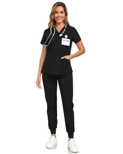 HSDORY Scrubs for Women Set, V-Neck Scrub Top and Pants Sets Stretchy Scrubs Sets with 8 Pockets(HS-01-Black-2,XL)