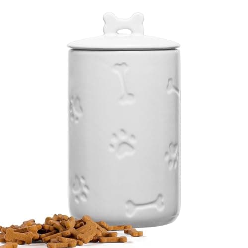 NIXBYO Dog Treat Container Airtight - 9"x5" Large Ceramic Dog Treat Jar for Kitchen Counter, White Dog Cookie Jar with Lid - Farmhouse Style Dog Food Storage Container for Dogs, Cats, Pets