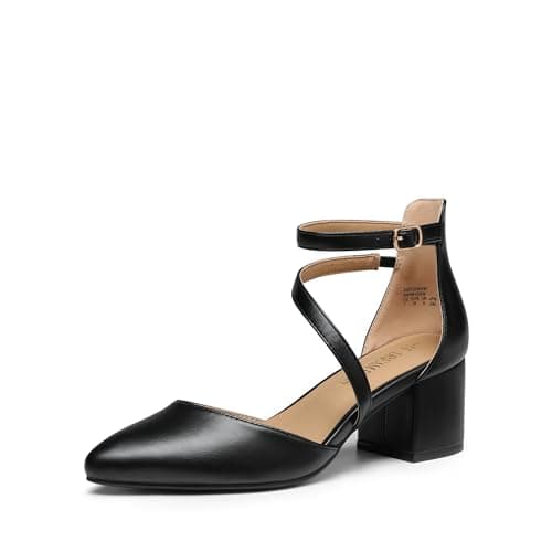 DREAM PAIRS Women's Closed Pointed Toe Low Chunky Heels Pumps Ankle Strap Wedding Business Dressy Shoes,Size 6.5,Black-Pu,SDPU2354W