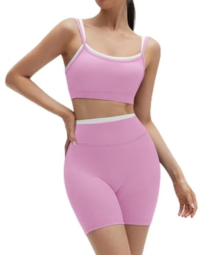 SUUKSESS Women 2 Pieces Workout Sets Padded Spaghetti Straps Tank Tops High Waist Biker Shorts Gym Yoga Active Wear Matching Sets (Light Pink, S)