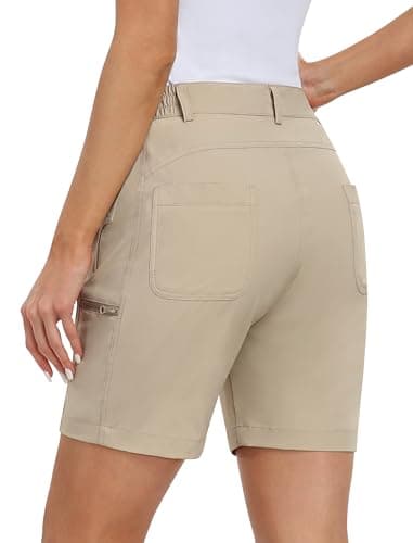 MoFiz Womens Golf Shorts 7" Quick Dry Hiking Shorts Lightweight Bermuda Shorts for Women with Pockets Khaki 2XL