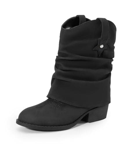 DREAM PAIRS Girls Cowboy Cowgirl Boots 2-in-1 Western Removable Cuff Fold Over Embroidered Fashion Mid Calf Shoes,Size 11 Little Kid,Black,SDBO2406K