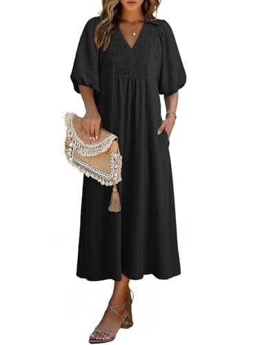 Dokotoo Black Dresses for Women Summer Dresses for Women 2026 V Neck Puff Sleeve Empire Waist Casual A Line Swing Maxi Dress X-Large