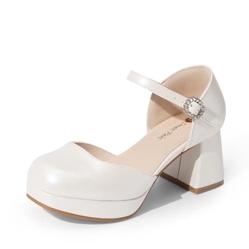 DREAM PAIRS Girls Dress Shoes Platform Square Toe High Heels Ankle Strap Party Wedding Flower Pump for Little Big Kid,Size 1 Little Kid,Ivory,SKPU26002K