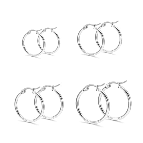 4 Pairs 316L Surgical Silver Hoop Huggie Earrings for Women Men, Stainless Steel Cartilage Tiny Multiple Piercing Hypoallergenic Small Hoops Lightweight Set Jewelry 10/12/14/16 mm
