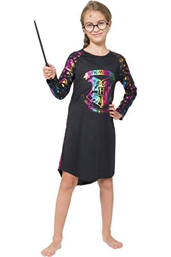 Harry Potter Girls Hogwarts Crest Rainbow Hologram Raglan Nightgown Pajama (Black, 18/20)